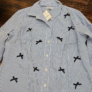 J Crew Recycled Cotton triped Blue & White Button-Up Shirt with Navy Bow Accents